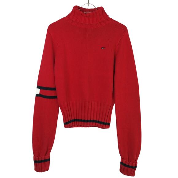 1990s Vintage Tommy Hilfiger Red Turtleneck Knit Sweater Medium Retro Logo - Picture 1 of 5